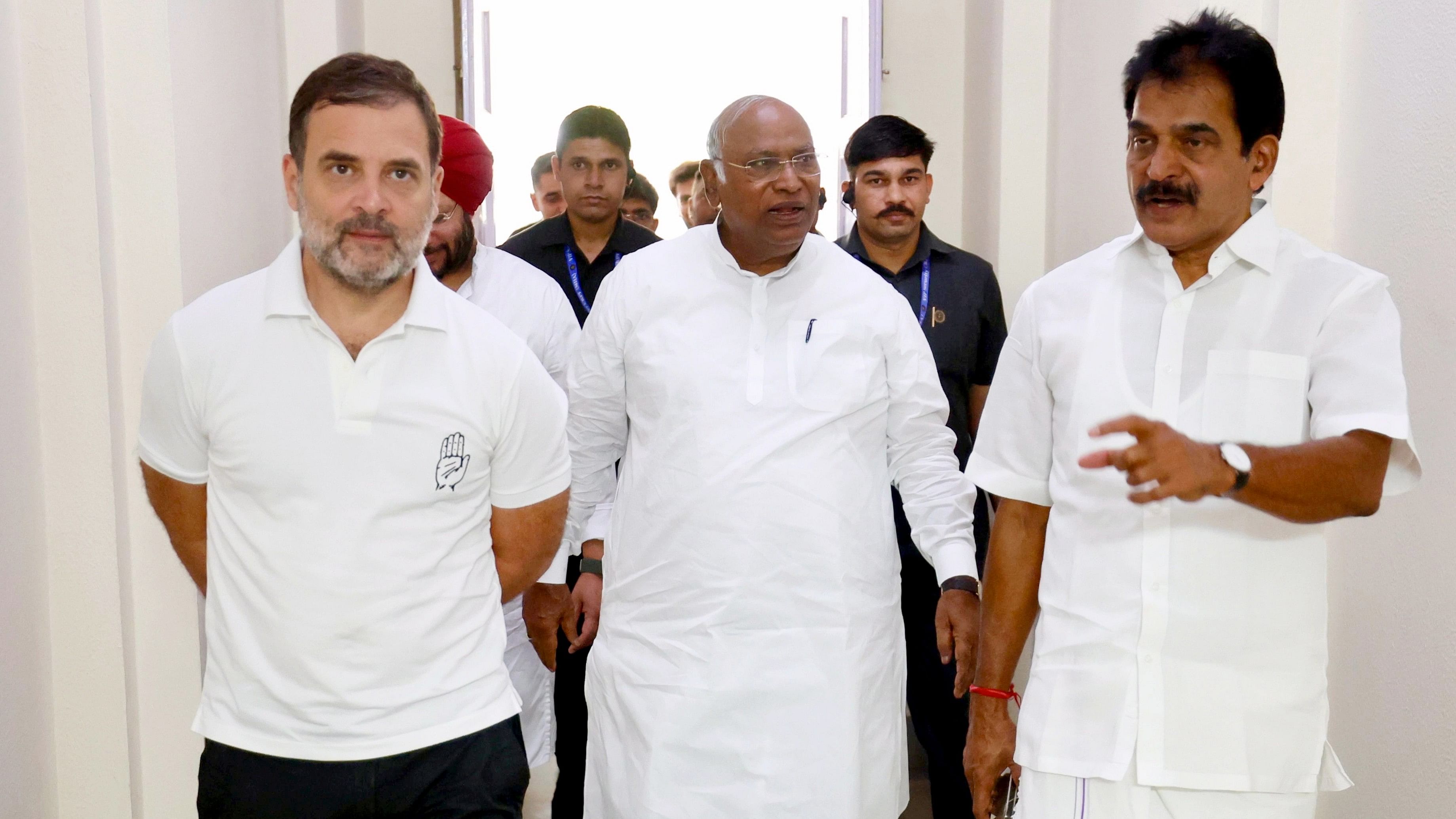 <div class="paragraphs"><p>Congress President Mallikarjun Kharge with party leaders Rahul Gandhi and KC Venugopal</p></div>